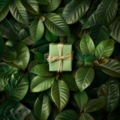 Creative layout made of green leaves with diy gift box. Flat lay. Nature concept