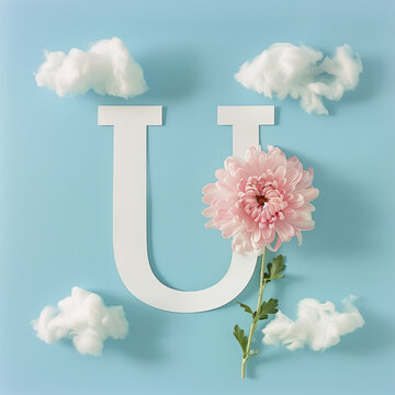 Pink flower on sky background..the letter "u" or the letter "u" in the context of abbreviation for the word "you".Minimal creative emotional concept.