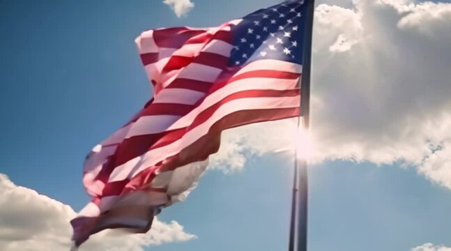 Flag of america moving in the wind with a clear blue sky in the background, clouds slowly moving, flagpole
