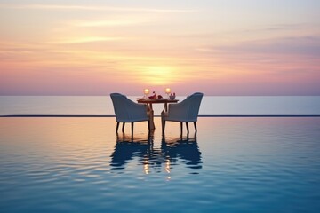 Twilight dining by an infinity pool with reflections of the sunset on the water, arranged for a romantic experience. Twilight Dining Bliss by the Infinity Pool