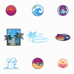 Premium, Playful, Fun, Vintage, Colorful, Cartoon Style Beach Tour And Travel Illustration Set Logo And T-shirt Design With White Background