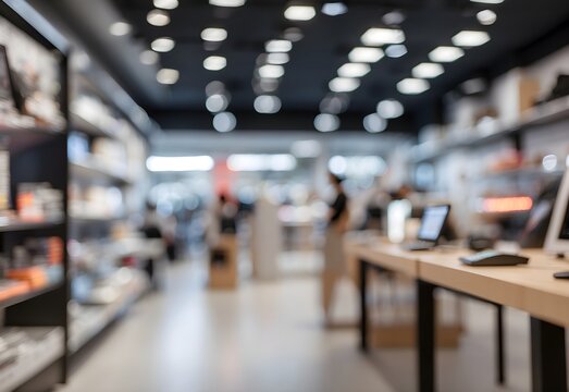 Blurred image of a tech store interior, generative AI