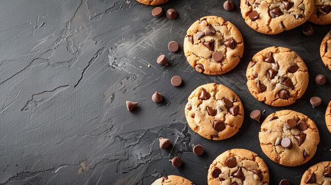 Cookies With Chocolate Chips, Piled High On An Old Wooden Table.