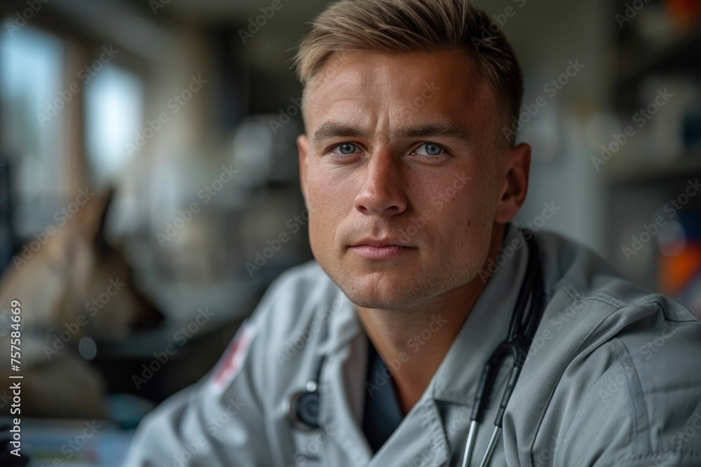 Poster a man in a lab coat and stethoscope gesturing towards the camera