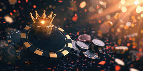 A dramatic scene at a casino with a black poker chip crowned with a golden king's crown amidst scattered poker chips and a vibrant play of light. - obrazy, fototapety, plakaty