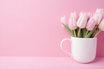 Delicate pink tulips arranged in a clean white mug on a matching pink surface against a harmonious pink background. Soft Pink Tulips in a Sleek White Mug