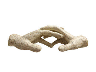 Sculpture  of two hands isolated on white background. Symbol of meeting and unity