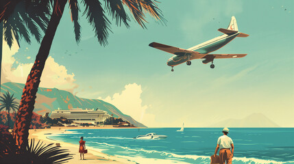 a vintage-style travel poster depicting a tropical beach scene with a plane flying overhead, palm trees, a woman standing on the shore, and a man with luggage looking out at the sea - obrazy, fototapety, plakaty