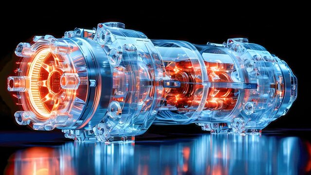 An industrial engine transparent modern high-tech centrifugal electric pump with asynchronous electric motor on a blue background with reflection