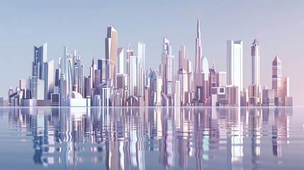 a serene and futuristic city skyline with an array of modern and sleek skyscrapers reflecting off a calm body of water, conveying a sense of advanced urban development and architectural elegance. - obrazy, fototapety, plakaty