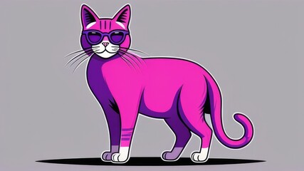 stylized purple cat with glasses on a gray background. The concept of creativity, fantasy, abstraction, innovation. - obrazy, fototapety, plakaty