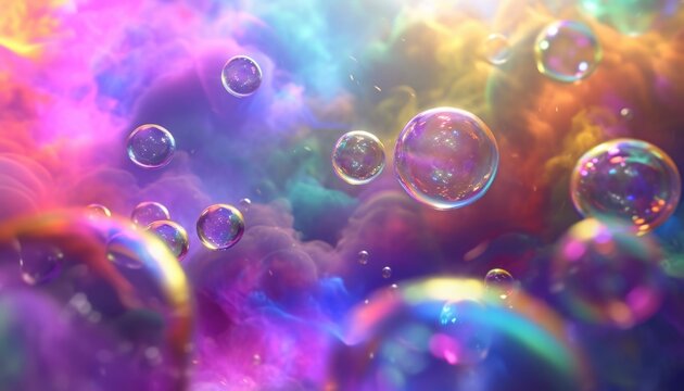 Close-up of vibrant soap bubbles on a multicolored background with a bokeh effect. Macro photography. Colorful abstract background with copy space