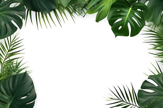 Tropical leaves frame on white background with space for text.