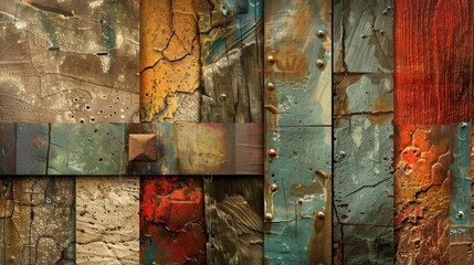 Rustic abstract art with textures of wood, stone, and metal