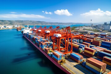 Container terminal in the port of Alicante, Costa Blanca, Spain - obrazy, fototapety, plakaty