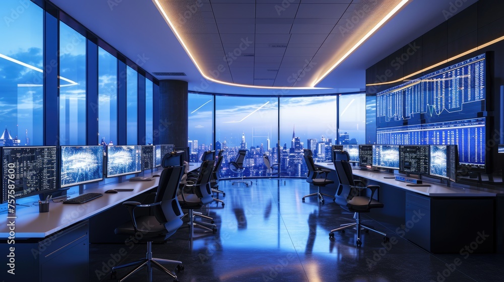 Poster in an office building, a row of computer monitors sits on a desk, creating a symmetrical display. th