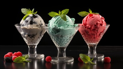 Colorful ice cream desserts with unique toppings, visually appealing and ready to be enjoyed