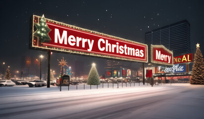 Obraz premium merry christmas sign or merry christmas billboard or santa claus with a banner or santa claus with sign or city sign or welcome to city or neon merry christmas, merry christmas sign on a wall