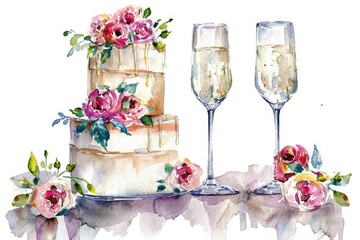 Wedding illustration. White multi-tiered cake with flowers, glasses of champagne. Watercolor sketch illustration. background