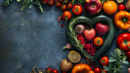 A heart model surrounded by healthy fruits and vegetables, linking nutrition to heart health, World Health Day, Healthcare, with copy space