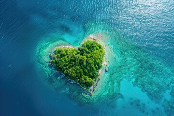 island in a shape of a heart in blue ocean, top view