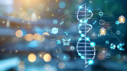 A DNA double helix model with a backdrop of medical icons, emphasizing genetics in healthcare, World Health Day, Healthcare, with copy space