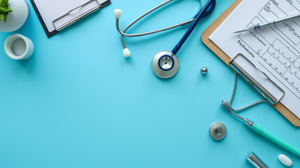 A set of medical tools and a clipboard with patient charts, showcasing the tools of the healthcare profession, World Health Day, Healthcare, with copy space - obrazy, fototapety, plakaty