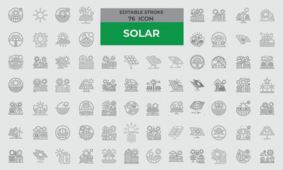 76 Stroke Icons for Solar set in Line style. Excellent icons collection. Vector illustration. 