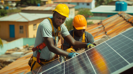 Skilled African men work together to install solar panels on a roof in Africa, contributing to the region's sustainable development and harnessing renewable energy for their community's empowerment © SpeedShutter