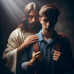 Jesus comforting and protecting teenager - obrazy, fototapety, plakaty