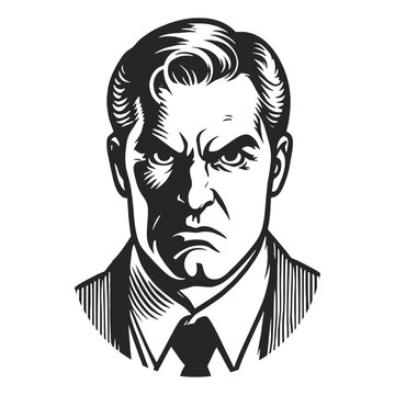 Boss businessman man with a stern, serious expression and classic hairstyle sketch engraving generative ai fictional character vector illustration. Scratch board imitation. Black and white image.