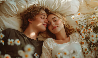 Beautiful young couple laying on a bed cuddling - valentines day