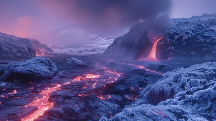 Surreal combination of a lava-filled landscape with a frozen world, illustrating extreme temperature contrasts.