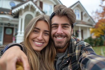 Happy young couple holding their home keys looking at the camera at their house front yard
