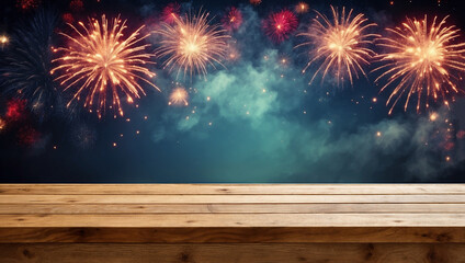 Empty wooden table for product display with fireworks background