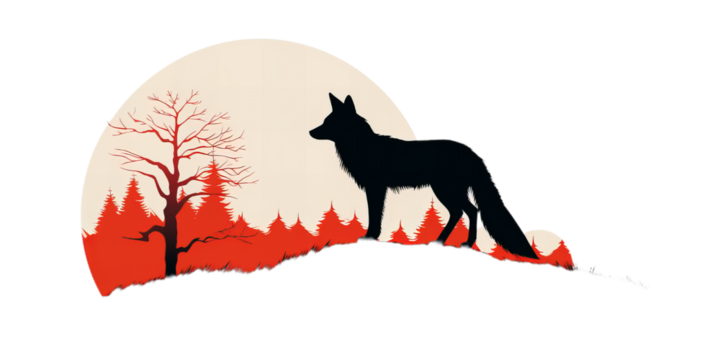 Silhouette of a fox standing on the rock with sunset and forest behind