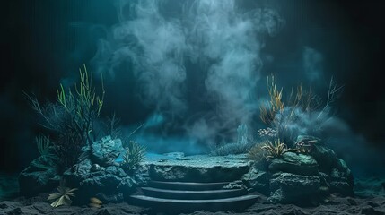 Underwater explorer podium with deep sea creature smoke background, suitable for marine exploration gear or aquarium displays. - obrazy, fototapety, plakaty