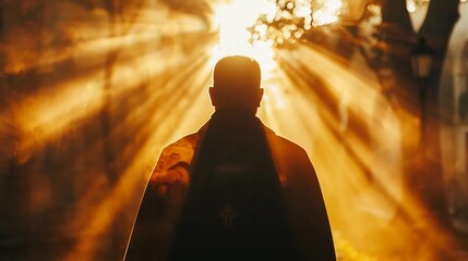 The silhouette of a priest in a cassock against the background of the rising sun - obrazy, fototapety, plakaty