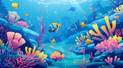 Fototapeta na wymiar Underwater marine life scene with coral reef and colorful fish
