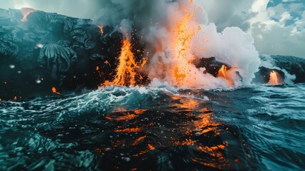 Underwater view of lava entering the sea, creating a unique interaction between fire and water.