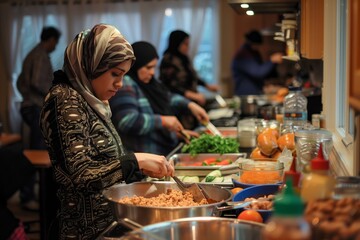 Focused woman in hijab preparing food in a multiracial cooking workshop