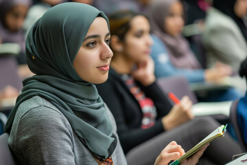 Focused young woman in a hijab takes notes during a class - obrazy, fototapety, plakaty