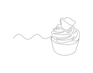 Continuous Line Drawing Of Cup Cake. One Line Of Muffin Cake. Cake Continuous Line Art. Editable Outline.