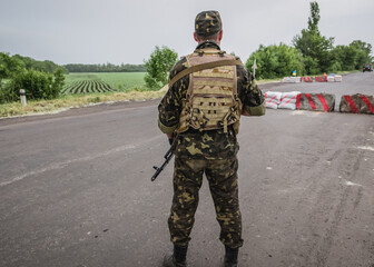 Checkpoint of Armed Forces of Ukraine near Dobropillia during Russo-Ukrainian War in Donbas region,...