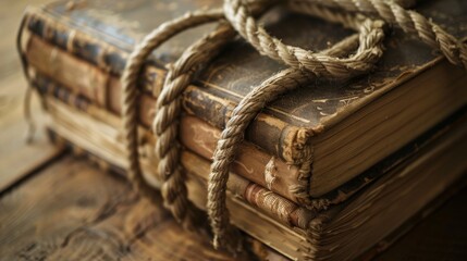 Vintage book tied with a rope, symbolizing the connection between past and present. - obrazy, fototapety, plakaty