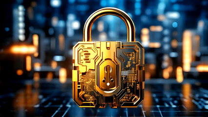 A golden padlock sits securely on top of a closed laptop computer, Cybersecurity concept, Cybersecurity concept, Data Privacy, Data Protection, Digital Security