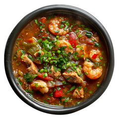 Spicy shrimp stir-fry with vegetables in a savory sauce, cut out - stock png.