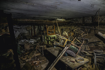Basement in abandoned military base Chernobyl-2 in Chernobyl Exclusion Zone, Ukraine