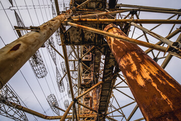 Close up on Soviet Duga radar in abandoned military base Chernobyl-2 in Chernobyl Exclusion Zone,...