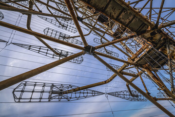 Close up on Soviet Duga radar in abandoned military base Chernobyl-2 in Chernobyl Exclusion Zone,...